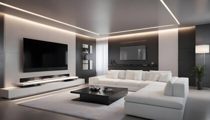 High end modern living room with white leather couch and a large flat screen tv mounted on the wall, brutalist architecture mixed with modern futuristic minimal design