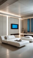 High end modern living room with white leather couch and a large flat screen tv mounted on the wall, brutalist architecture mixed with modern futuristic minimal design