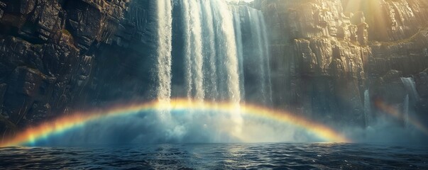 Wall Mural - Powerful waterfall creating a rainbow as it plunges into a deep pool, 4K hyperrealistic photo