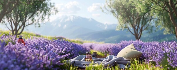 Wall Mural - Picnic in a blooming lavender field, fragrant blooms and scenic beauty, 4K hyperrealistic photo.