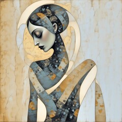 Wall Mural - AI generated illustration of an abstract artistic portrait of a woman with a mosaic pattern