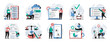 © alexdndz - Online survey web concept with people scenes mega set in flat design. Bundle of character situations with questionnaire form filling, election poll vote, answer exam questions. Vector illustrations.