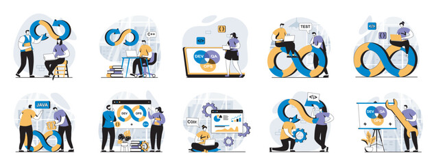 Poster - DevOps web concept with people scenes mega set in flat design. Bundle of character situations with agile cycle of development operation, team connection on programming products. Vector illustrations.