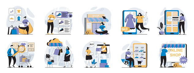 Aufkleber - Mobile commerce web concept with people scenes mega set in flat design. Bundle of character situations with online shopping in app, making profitable purchases, paying online. Vector illustrations.
