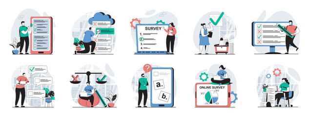 Wall Mural - Online survey web concept with people scenes mega set in flat design. Bundle of character situations with questionnaire form filling, election poll vote, answer exam questions. Vector illustrations.