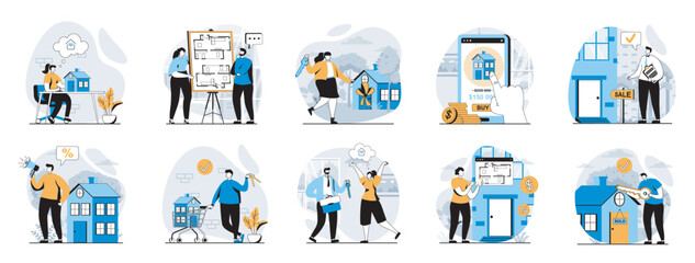 Aufkleber - Real estate web concept with people scenes mega set in flat design. Bundle of character situations with buying new house, mortgage loan, deal and receiving keys to home property. Vector illustrations.
