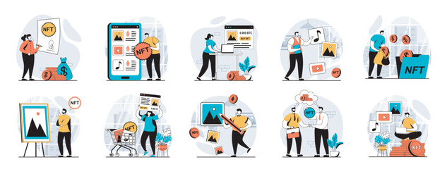 Poster - NFT token web concept with people scenes mega set in flat design. Bundle of character situations with digital art auction trading, buying virtual artwork at crypto marketplaces. Vector illustrations.