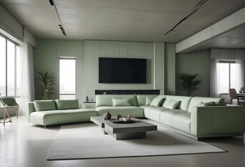 High end modern living room with white leather couch and a large flat screen tv mounted on the wall, brutalist architecture mixed with modern futuristic minimal design