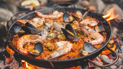 Wall Mural - A seafood paella cooking over an open flame, filled with mussels, clams, prawns, and squid.
