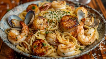 Wall Mural - A seafood pasta dish with clams, shrimp, and scallops tossed in a garlic and white wine sauce.