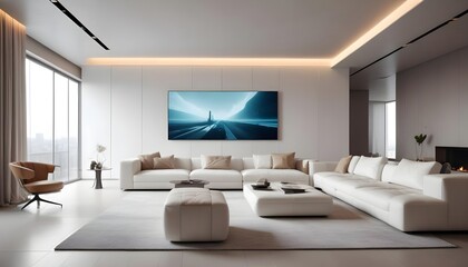 High end modern living room with white leather couch and a large flat screen tv mounted on the wall, brutalist architecture mixed with modern futuristic minimal design