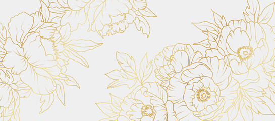 Wall Mural - Luxury gold peony flowers background. Floral pattern tropical in line art style for greeting, invitation, wedding card, wall art, wallpaper and print. Vector illustration