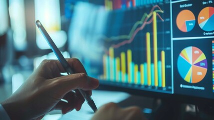 Aufkleber - A stock market analyst presenting quarterly earnings data with bar graphs and pie charts, for investor insight.