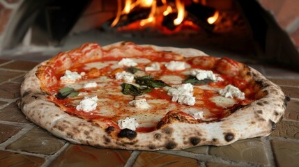 Wall Mural - Freshly baked pizza with mozzarella and basil in brick oven