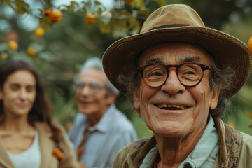 Poster - Portrait of senior man in straw hat and glasses with family on background