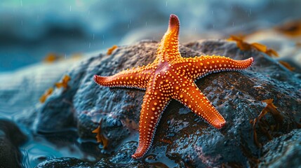 Close-up of a vibrant starfish on a wet rock by the sea, every tiny ridge and pore visible in stunning detail, with the background softly blurred to emphasize the starfish's texture and color