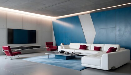 High end modern living room with white leather couch and a large flat screen tv mounted on the wall, brutalist architecture mixed with modern futuristic minimal design