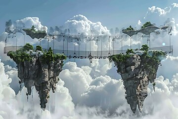Wall Mural - A musical staff that acts as a bridge between floating islands in the sky