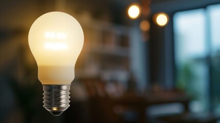 Poster - Close-up of a glowing LED light bulb illuminating a dark room, showcasing energy-efficient lighting.