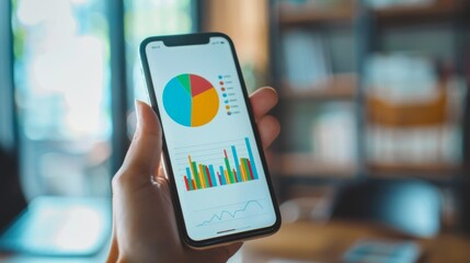 Aufkleber - Close-up of a hand holding a smartphone with a pie chart graph displayed on the screen.