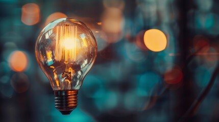 Poster - Close-up of a light bulb with a filament glowing brightly, symbolizing creativity, innovation, and inspiration.