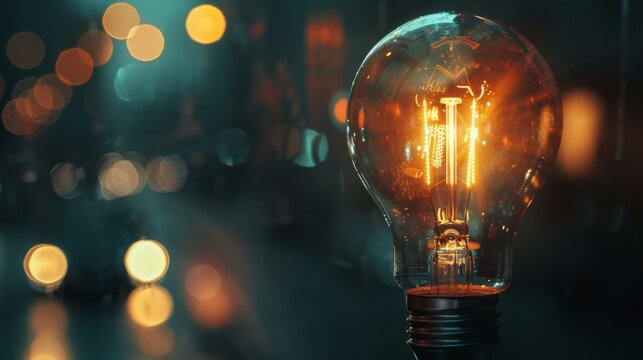 Close-up of a light bulb with a filament glowing brightly, symbolizing creativity, innovation, and inspiration.