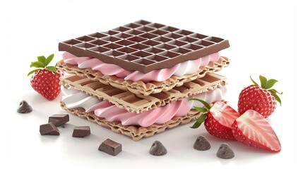 Wall Mural - Wafers filled with chocolate, strawberry, and milky cream, realistically illustrated in 3D against a white background