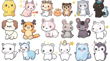 many vectors of cute kawaii baby animals, white background 