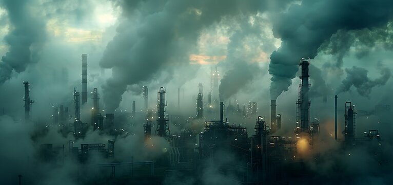 Witness the ominous presence of industrialization with a photograph bearing a massive fossil fuel industrial facility, surrounded by thick, ominous smoke that.