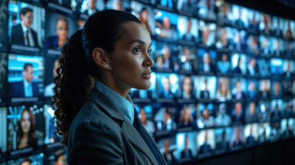 Poster - A woman is looking at a computer screen with many faces on it. She is wearing a suit and tie