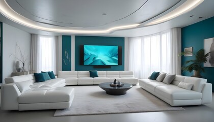 High end modern living room with white leather couch and a large flat screen tv mounted on the wall, brutalist architecture mixed with modern futuristic minimal design