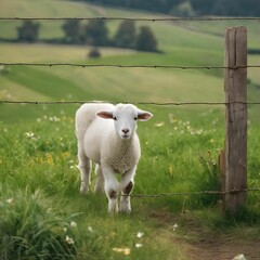 Wall Mural - AI generated illustration of a cute lamb standing in a green field