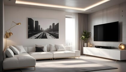 High end modern living room with white leather couch and a large flat screen tv mounted on the wall, brutalist architecture mixed with modern futuristic minimal design