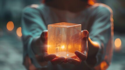 Wall Mural - A person holding a small cube with light coming from it, AI