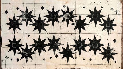 Wall Mural - Black stars and squares on a white background in a flawless woodblock print design