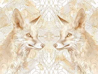 The sketch of intricate pattern of  a brown wolf fox wildlife in brown inkl on white paper, wall art, background, wallpaper, vintage style 