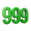 © Jahan Mirovi - A close-up image of the number 999 rendered in a three-dimensional style. The number is a bright, vibrant green and is isolated against a plain white background. Generative AI