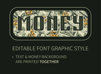 Leinwandbilder - Editable text effect with money background. Letters on seamless pattern with 100 dollar bills, scattered golden dollar sign. Letter and backdrop are printed together. Retro typography graphic style