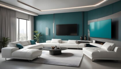 High end modern living room with white leather couch and a large flat screen tv mounted on the wall, brutalist architecture mixed with modern futuristic minimal design