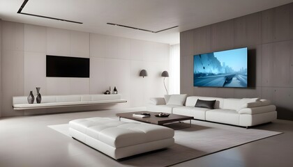 High end modern living room with white leather couch and a large flat screen tv mounted on the wall, brutalist architecture mixed with modern futuristic minimal design