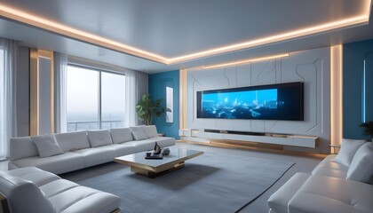 High end modern living room with white leather couch and a large flat screen tv mounted on the wall, brutalist architecture mixed with modern futuristic minimal design