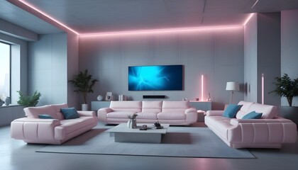 High end modern living room with white leather couch and a large flat screen tv mounted on the wall, brutalist architecture mixed with modern futuristic minimal design