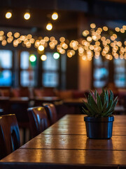 Wall Mural - Bokeh lights on wooden table top against blurred restaurant background.