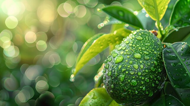 Sunlit avocado with water droplets emphasizing freshness and vibrant green texture in a natural setting. Generative Ai
