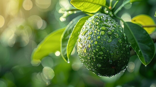 Sunlit avocado with water droplets emphasizing freshness and vibrant green texture in a natural setting. Generative Ai
