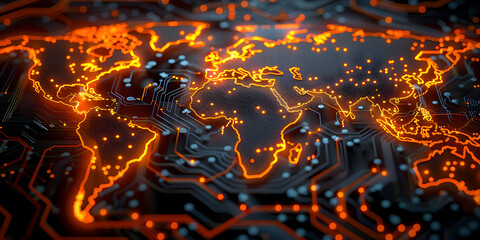 Wall Mural - glowing circuits in world map shape.