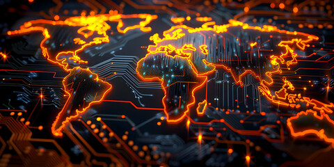 Wall Mural - glowing circuits in world map shape.