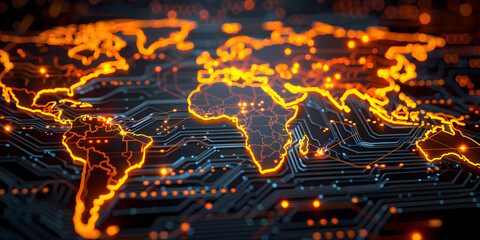 Wall Mural - glowing circuits in world map shape.