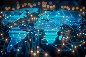 Wall Mural - glowing circuits in world map shape, white and blue tone.
