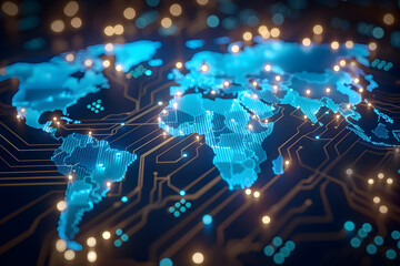 Wall Mural - glowing circuits in world map shape, white and blue tone.